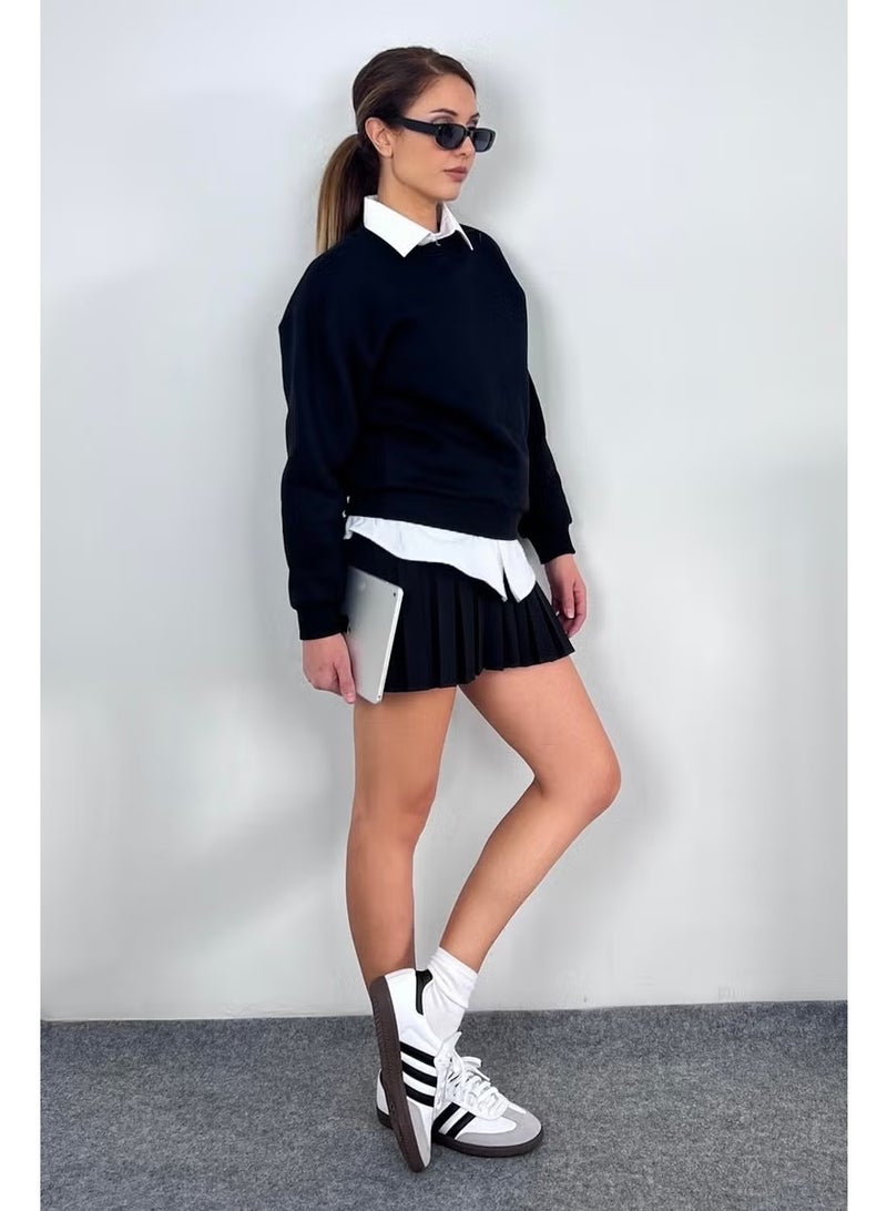 Ritnice Women's Cozy Black Basic Crew Neck Cotton Thick Knitted Sweatshirt with Fleece Inside - Image 2